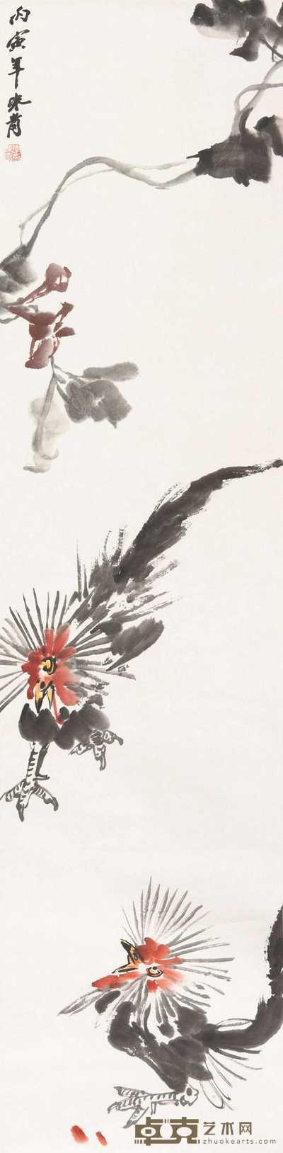 李味青 1986年作 双鸡图 立轴 133×33cm